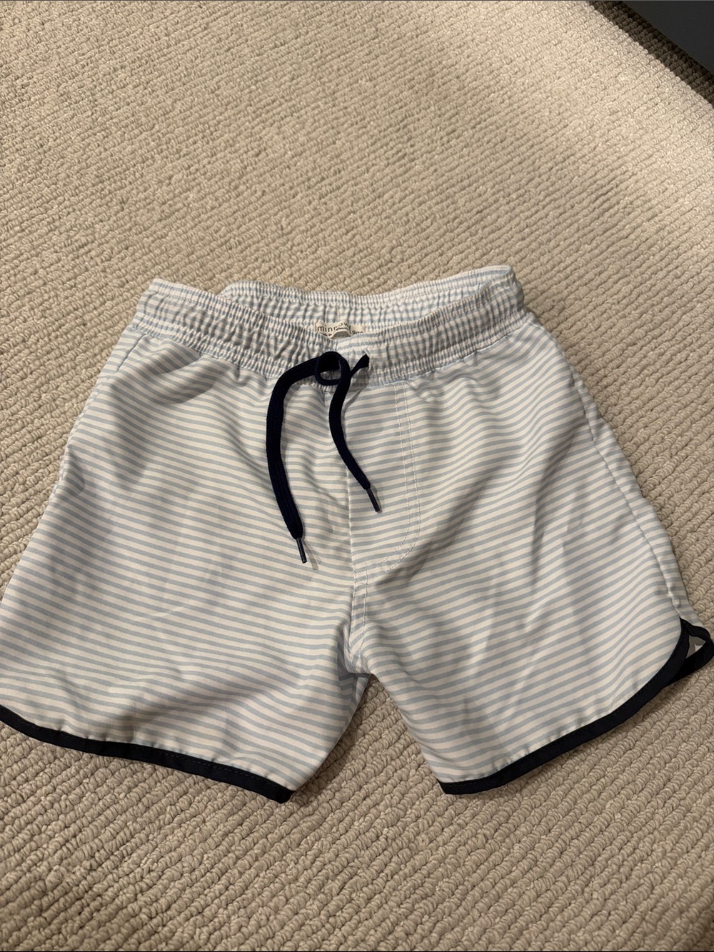 Boys Minnow Swim Light Blue Striped Swim trunk w Navy Trim - siz 9/10 worn 1x